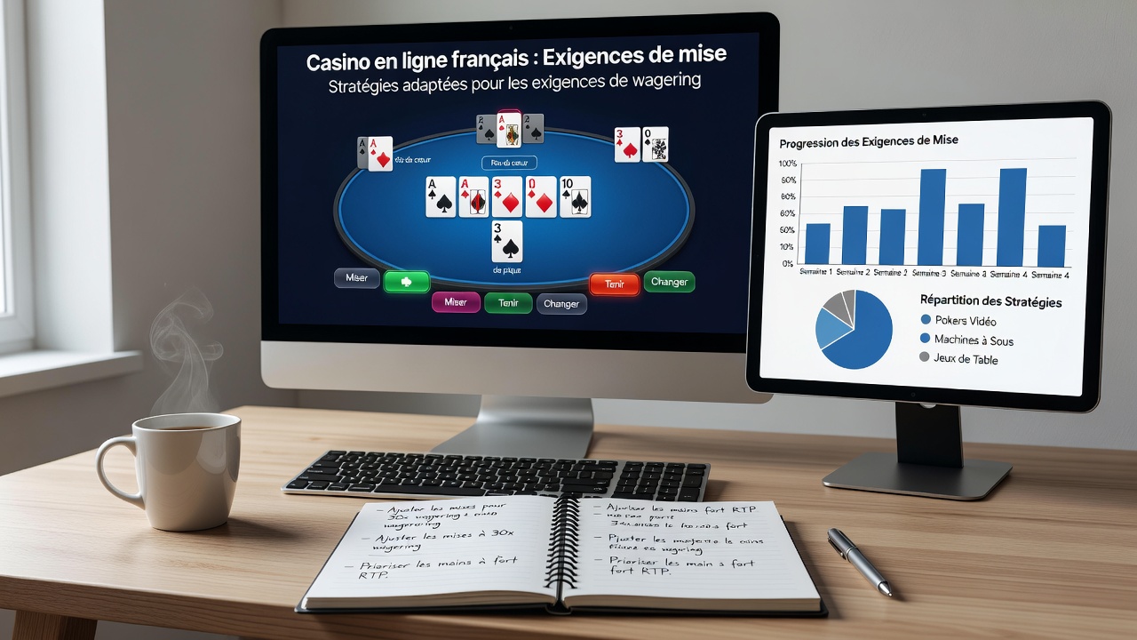 Close-up of video poker strategy chart next to a wagering progress bar on a French casino app